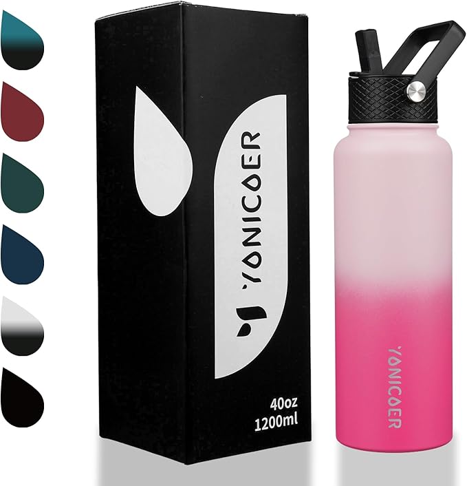 Insulated Water Bottle 40oz,Triple Wall Vacuum Stainless Steel(Dishwasher Safe),Leak Proof & Non-BPA,Flask Jug with Paracord Handle & Straw Spout Lids Sports Sakura