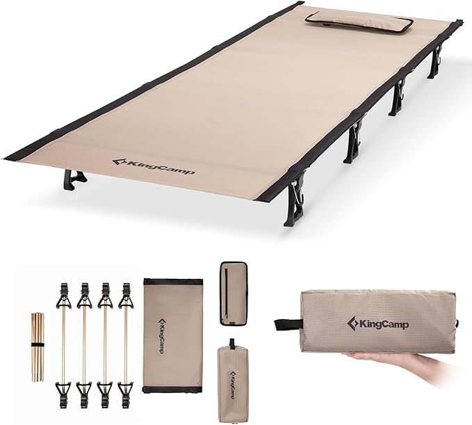 KingCamp Ultralight Camping Cot, Portable Folding Tent Camping Bed, Heavy Duty Sleeping Bed with Pillow for Adults Outdoor Backpacking Travel Hiking, Supports 350LBS, Khaki