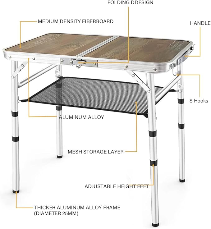 Folding Table, 3 Adjustable Heights, Camping & Outdoor Folding Table with Storage Mesh Layer, Portable for BBQ, Patio, Garden & Indoor (Brown)