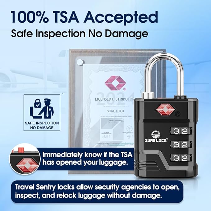 SURE LOCK TSA Locks for Luggage, TSA Approved Luggage Locks with Open Alert, 008 Key for High Security, Easy Read Dials, Zinc Alloy Body, Locker Lock for Suitcase, Gym, Travel. (Black 2 pk)