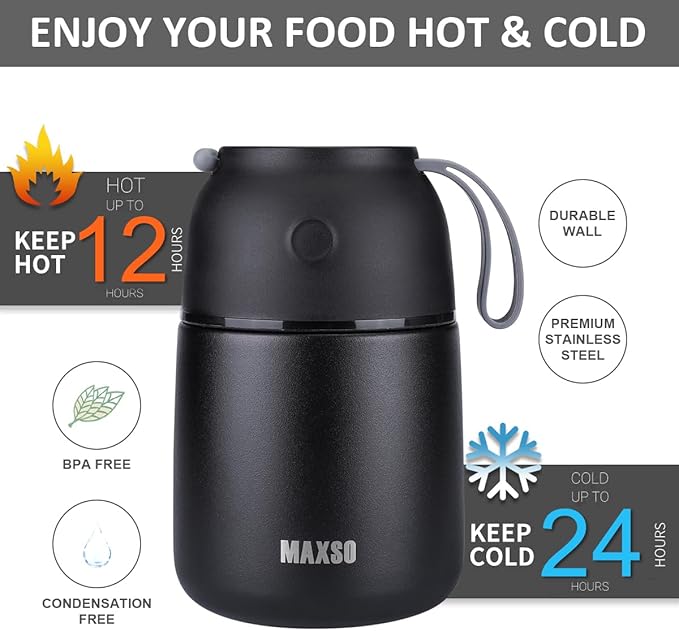 Insulated Thermo Food Jar for Hot & Cold Food for Kids Adult, 17&24 oz Soup Thermal Hot Food Containers for Lunch, Triple Layer Insulation Stainless Steel Food Jar with Spoon (2 Pack Black)