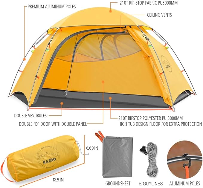 KAZOO Waterproof Backpacking Tent Ultralight 1/2 Person Lightweight Camping Tents 1/2 People Hiking Tents Aluminum Frame Double Layer