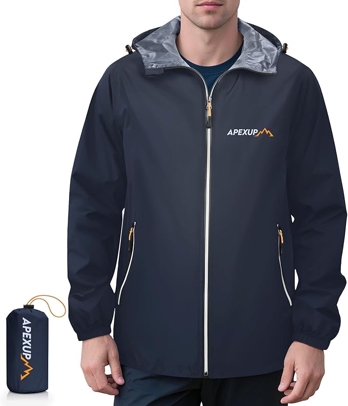 APEXUP Packable Rain Jacket Men with Reflective Zipper, Lightweight Waterproof Raincoat, Mens Rain Jacket for Outdoor Sports