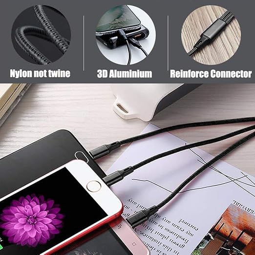 Puxnoin Multi Charging Cable, 2Pack Multi Charger Cable Short 1FT Braided Universal 3 in 1 Multiple USB Cable Charging Cord with Type-C, Micro USB Port Connectors for Cell Phone Tablets and More