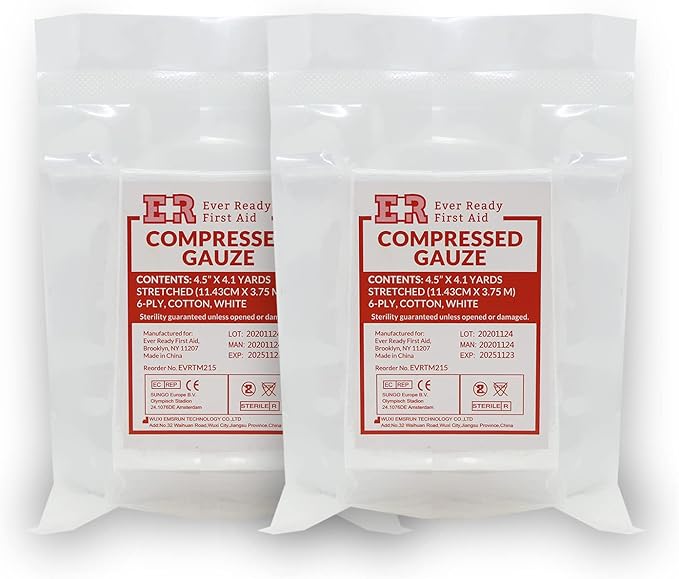 Ever Ready First Aid Compressed Sterile Gauze, 6-Ply Emergency Medical Dressing for First Aid Kits – 4.5” x 4.1 Yards - 2 Pack