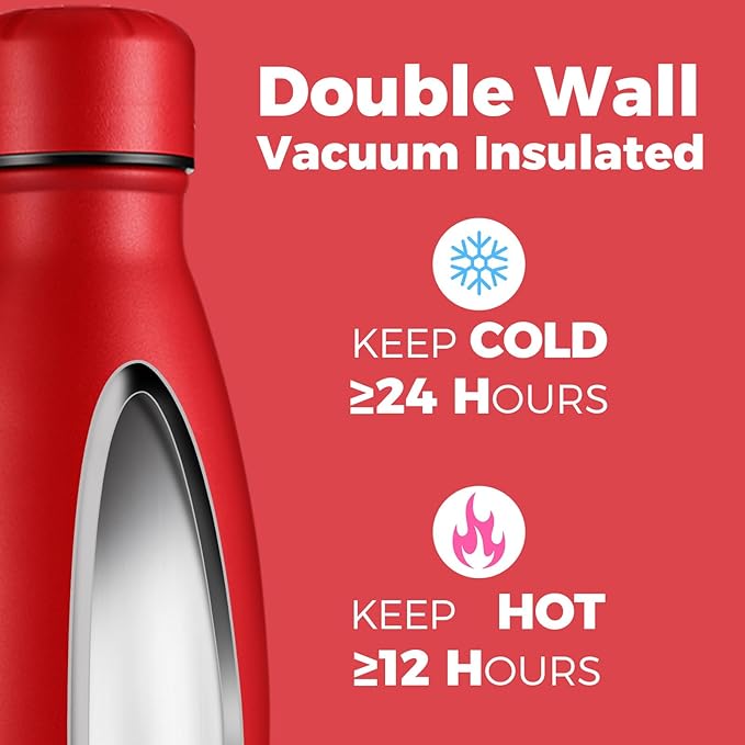 Volhoply 25oz Insulated Water Bottle 1/2/4 Pack, Double Wall Stainless Steel Vacuum Bottles, Keeps Cold & Hot, BPA Free Leak Proof Bottles (Red,1 Pack)