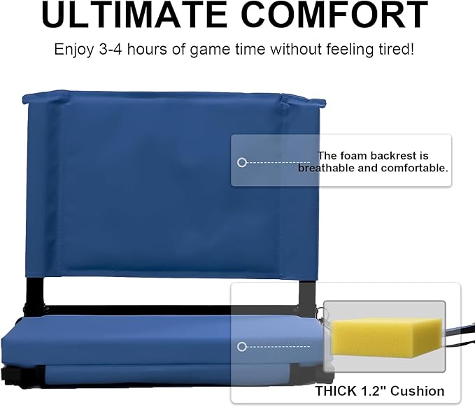 Stadium Seats with Back Support for Bleachers, Folding Bleacher Chairs with Back and Cushion, Padded Seat with Shoulder Strap, Large Mesh Pocket & Carry Handle, Black