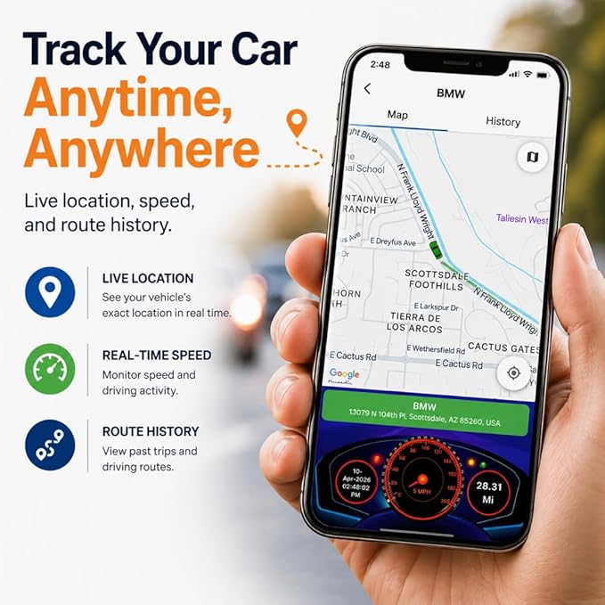 Car GPS Tracker (OBD2 Plug & Play) – 3 Months Free Trial, Real-Time GPS Tracker for Cars, 1-Year History, Speed & Driving Alerts, App Control, Global Coverage - Plans from $2.5/Month