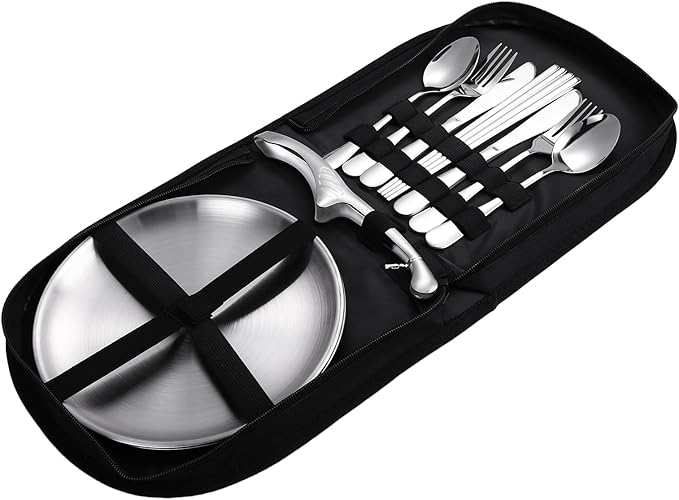 Stainless Steel Outdoor Camping Mess Kits - Includes Forks, Spoons, Knives, Chopsticks, Food Clip, Plates - Portable Cutlery Bag
