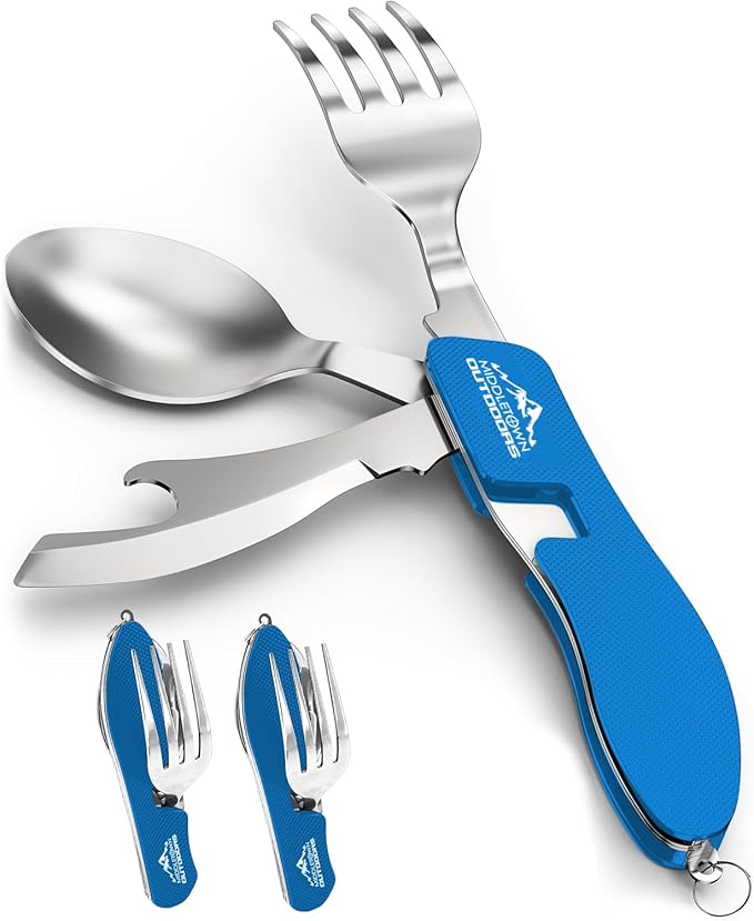 2Pcs Camping Flatware Foldable Utensils Detachable Portable and Versatile Stainless Steel Knife Fork Spoon and Bottle Opener Compact Outdoors Cutlery Pocket Knife Style - 2/pk (Blue)