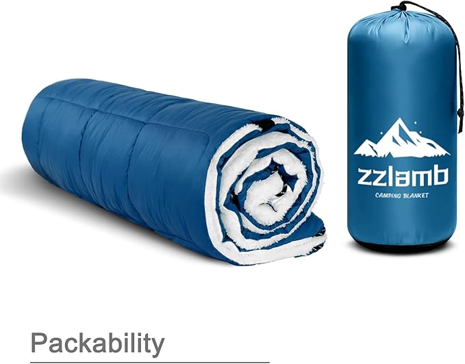 zzlamb Sherpa Puffy Camping Blanket,Packable Outdoor Warm Wearable Fleece Blankets for Cold Weather,Thick Camp Quilt with Sherpa Lining for Sleeping,Traveling,Backpacking,Picnics,Beach,Stadium 52x75in
