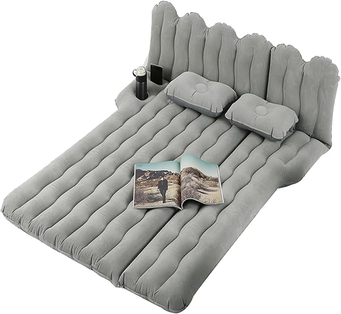 SUV Air Mattress with Cup & Phone Holder, Flocked-Top Inflatable Car Mattress with Two Air Pillows & Electric Air Pump, Ideal SUV Mattress for Camping, Travel, and Road Trips (Grey)