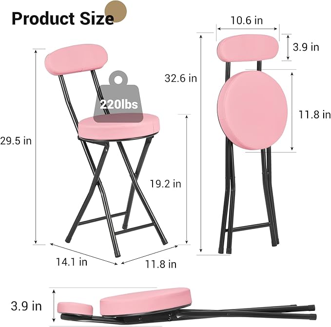Cushioned Padded Folding Stools, Folding Bar Stool with Backrest, 220lb Capacity, 19 Inch Collapsible Round Portable Foldable Chair for Outdoor Indoor Kitchen Camping Fishing(Pink, 2 Pack)