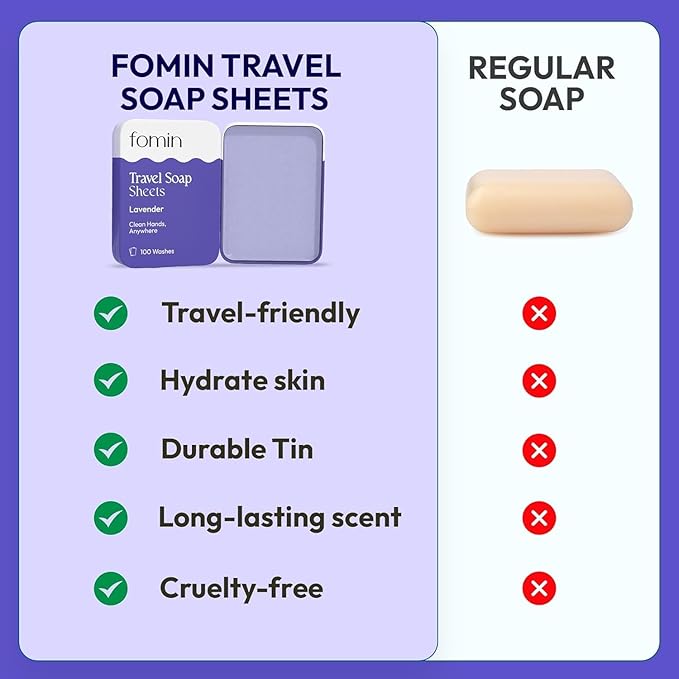 FOMIN - Antibacterial Paper Soap Sheets Tin for Traveling - (300 Sheets) Lavender - Portable Travel Hand Soap Sheets, Dissolvable Mini Camping Hand Soap for Hand Washing