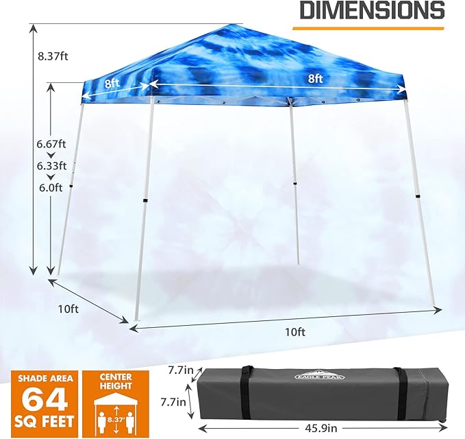 EAGLE PEAK 10x10 Slant Leg Pop-up Canopy Tent Easy One Person Setup Instant Outdoor Beach Canopy Folding Portable Sports Shelter 10x10 Base 8x8 Top (Tie Dye Blue)