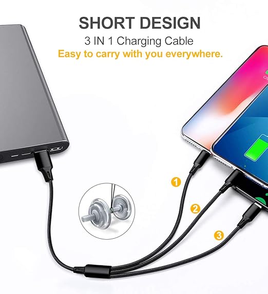 Puxnoin Multi Charging Cable, 2Pack Multi Charger Cable Short 1FT Braided Universal 3 in 1 Multiple USB Cable Charging Cord with Type-C, Micro USB Port Connectors for Cell Phone Tablets and More