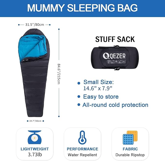 Down Sleeping Bag for Adults 0°F 10°F 15°F 20°F Backpacking Sleeping Bag for Cold Weather with Compression Sack