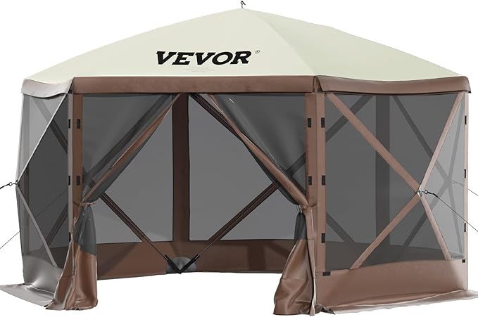 VEVOR Pop Up Gazebo Screen Tent, Pop-Up Instant Gazebo Tents with Mosquito Netting Outdoor Canopy, 6 Sided Sun Shelter 10x10ft with 6 Removable Wind Cloths & 2 Mesh Windows, Pavilion Tent for Patio