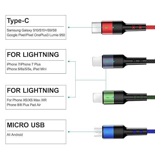 2Pack Multi Charging Cable USAMS Multiple Charger Cord Nylon Braided Short 4FT 4 in 1 USB Charge Cord with Phone/Type C/Micro USB Connector for Phone/Galaxy S20/S10S9/S8/S7 and More