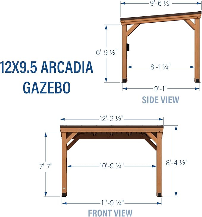 Backyard Discovery Arcadia 12' x 9.5' Cedar Wood Outdoor Gazebo Pavilion with Hardtop Galvanized Steel Slope Roof, Snow Support, Wind Resistance, PowerPort, Shade for Garden, Patio, Deck, Entertaining