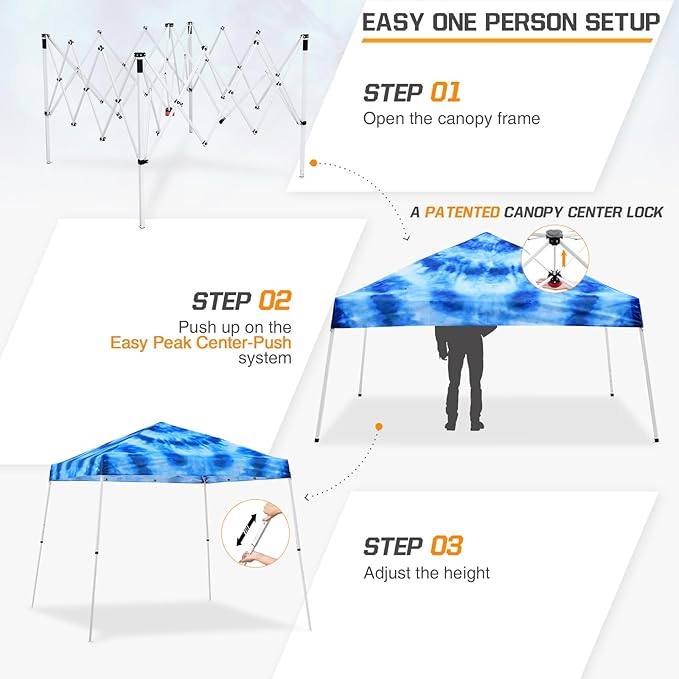EAGLE PEAK 10x10 Slant Leg Pop-up Canopy Tent Easy One Person Setup Instant Outdoor Beach Canopy Folding Portable Sports Shelter 10x10 Base 8x8 Top (Tie Dye Blue)