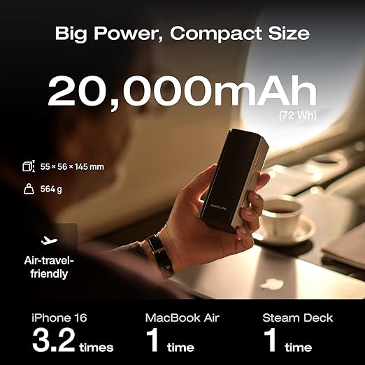 EF ECOFLOW Rapid Pro Power Bank 20000mAh, 230W Max Output with 100W Built-in Cable, 4-Port Portable Charger, Up to 120W Charging Power, Compatible with iPhone Series, Samsung, Laptop and More