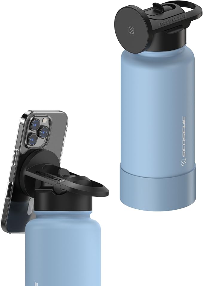 Scosche MFMS32 MagicMount Flask 32 oz Stainless Steel Water Bottle with MagSafe Phone Mount Stand, 12H Hot & 24H Cold, Insulated Flask with Magnetic Phone Holder for Gym, Travel, Sports, 32oz, Blue