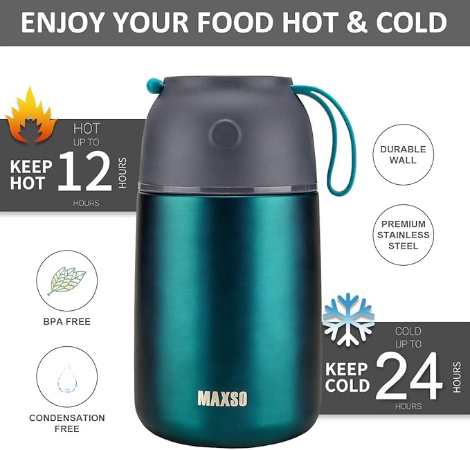 Insulated Thermo Food Jar for Hot & Cold Food for Kids Adult, 17&24 oz Soup Thermal Hot Food Containers for Lunch, Triple Layer Insulation Stainless Steel Food Jar with Spoon(2 Pack Green)