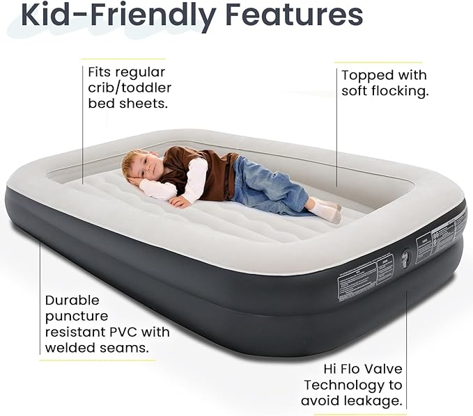 King Koil Luxury Inflatable Toddler Travel Bed with Built-in Safety Bumper, Portable Air Mattress Airbed for Kids Travel, Includes High-Speed Pump - Black