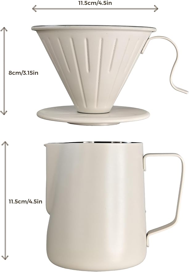 AGOGO Compact Portable Pour Over Coffee Maker Set - Easy Cleaning 304 Stainless Steel Dripper Set for Camping & 50 Filters Paper & Cleaning Rag (Cream, 600ml)