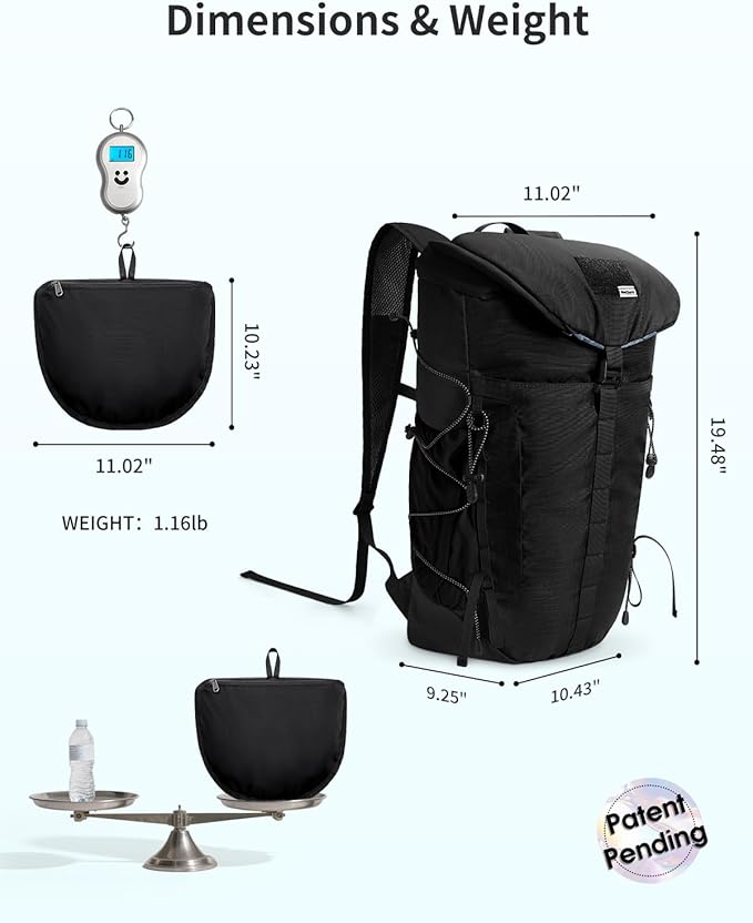 Blue Quartz Hiking Backpack 30L Lightweight Packable Backpack for Travel, Water Resistant Foldable Daypack for Women Men, Black