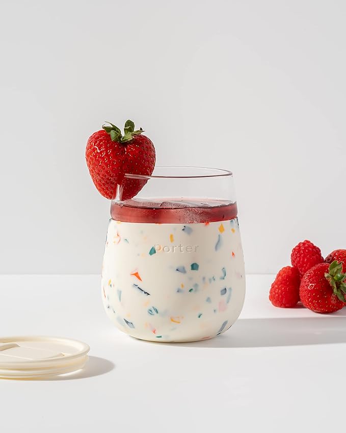 W&P Porter Wine Cocktail Glass w/Protective Silicone Sleeve Terrazzo Cream 15 Ounces On-the-Go Reusable Portable Dishwasher Safe