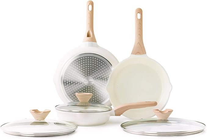 Ceramic Nonstick Frying Pan Skillet Set with Lid, 3 Piece Ceramic Pans for Cooking Non Toxic, Healthy Induction Cookware, Stay-Cool Handle, PFOA & PFAS Free (8 Inch, 9.5 Inch, 11 Inch)