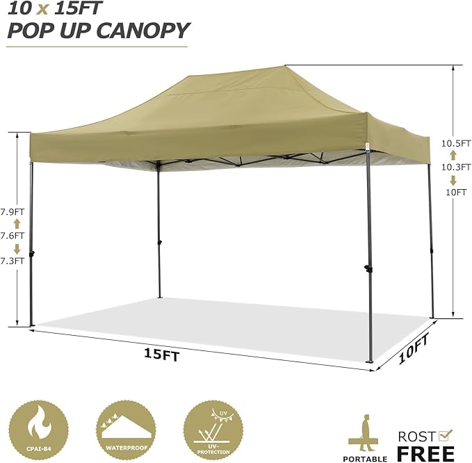 COBIZI 10x15 Pop Up Canopy with 4 Sidewall,Heavy Duty Canopy UPF 50+ All Season Wind Waterproof Commercial Outdoor Wedding Party Tents for Parties Gazebo with Carry Bag(10 x 15 ft Khaki)