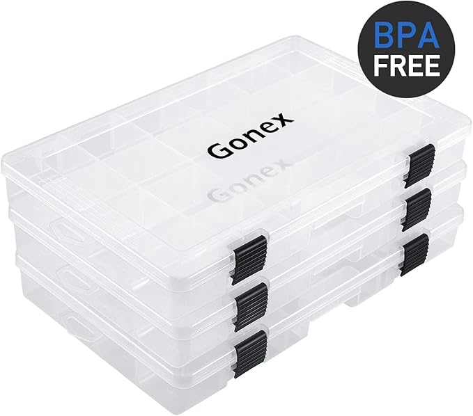 Gonex Fishing Tackle Boxes, 3600 3700 Tackle Trays with Adjustable Dividers, Clear Plastic Tackle Box Organizer Storage for Fishing Lure Bait Hook Jewelry Craft Beads Earring Container, 3 or 4 Packs
