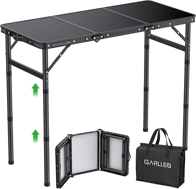 GARLLEN Folding Camping Table, 3-Adjustable Height Portable Picnic Table with Carrying Bag, Lightweight Aluminum Folding Outdoor Table for Camping, BBQ, Picnic, 34.2" L x 15.7" W, Black