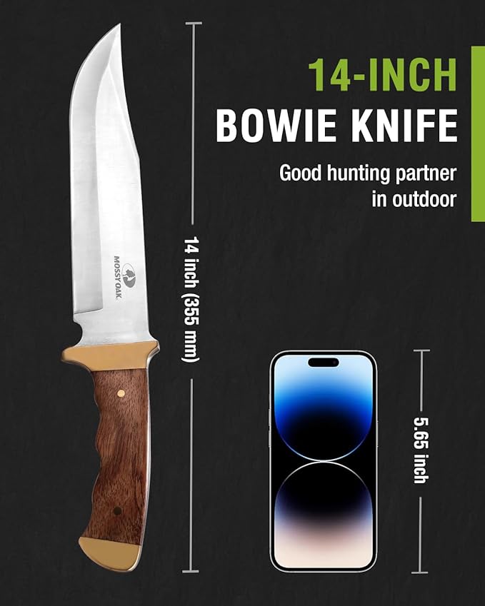 Mossy Oak 14-inch Bowie Knife, Full-tang Fixed Blade, Wood Handle Hunting Knife with Leather Sheath for Camping, Hiking, Survival