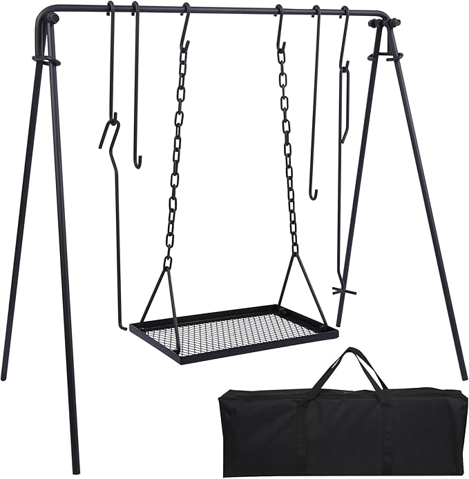 REDCAMP Swing Campfire Grill Stand - Collapsible Campfire Cooking Rack with 6 Hooks & Iron Grill Grate, Portable Dutch Oven Hanger for Outdoor Camping, Cookware, Bonfire, Rectangle