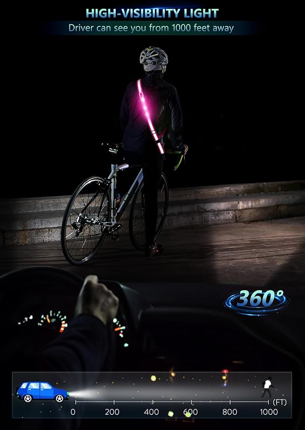 LED Reflective Belt Sash for Walking at Night, Night Running Safety Gear High Visibility Rechargeable LED Light Up Running Belt for Runners Walkers Men Women