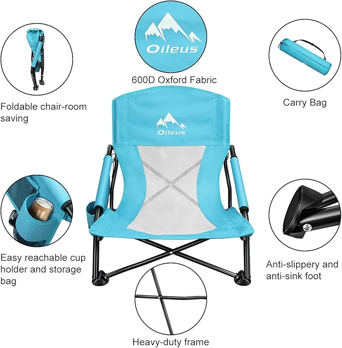 Oileus Low Beach Chair for Beach Tent/Shelter & Camping/Outdoor Ultralight Backpacking Folding Recliner Chairs with Cup Holder/Storage Bag, Carry Bag, Breeze Mesh Back, Compact Duty 1 Pcs Chair