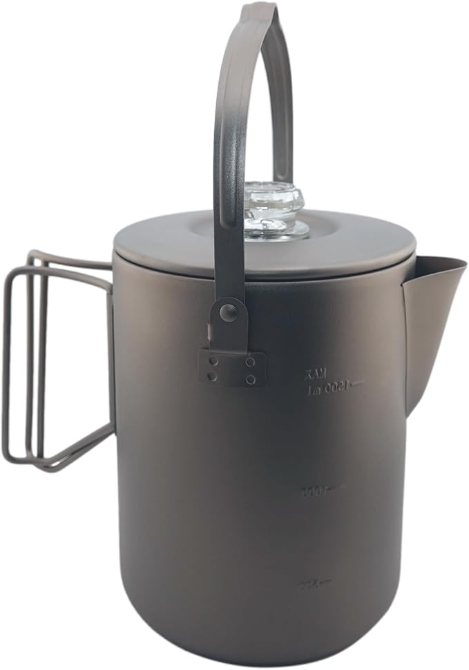 Valtcan Titanium Percolator Coffee Maker Pot 1.5L Filter Brew Ultralight Weight Camping Kettle 50 fl oz 6 Cup Capacity Glass Knob 395g Compact Kettle