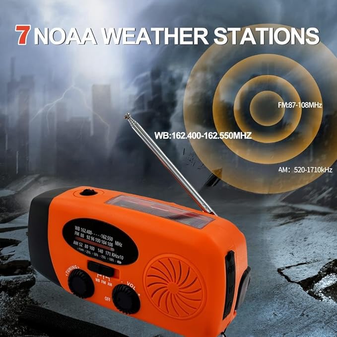 Solar Emergency Hand Crank Weather Radio, Portable Self Powered NOAA AM/FM Radios with SOS Alarm LED Flashlight 5000mAh Power Smart Phone USB Charger for Camping (5000mAh Orange)