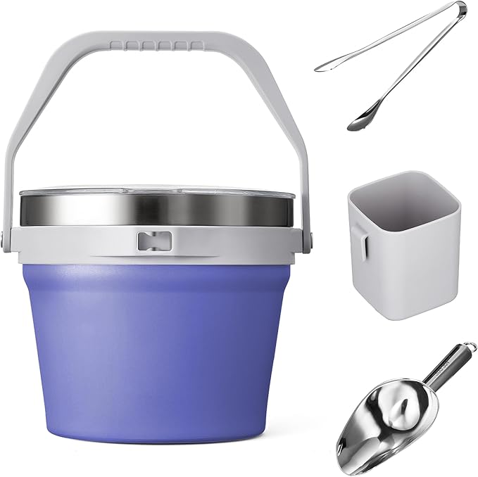 COKTIK 7L Vacuum Insulated Ice Bucket with Lid and Scoop& Tongs，Large capacity Stainless Steel Beverage Bucket for Cocktail, Champagne, Wine, Beer，Large Parties（Purple Suit）