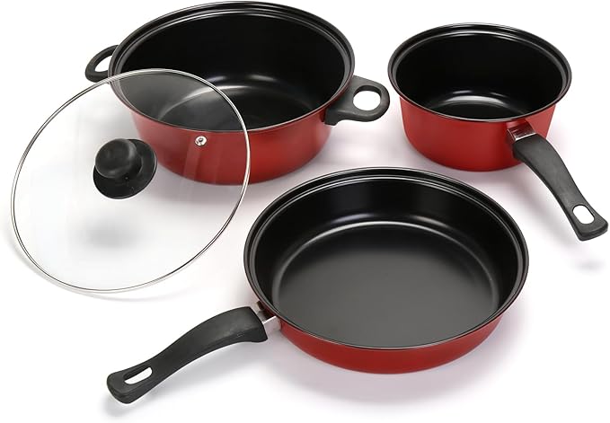 Non-Stick Cookware Set, Portable Lightweight Cast Iron Pots and Pans with Glass Lids and Nylon 4 Piece Set Utensils for Outdoor Camping Picnic Travel