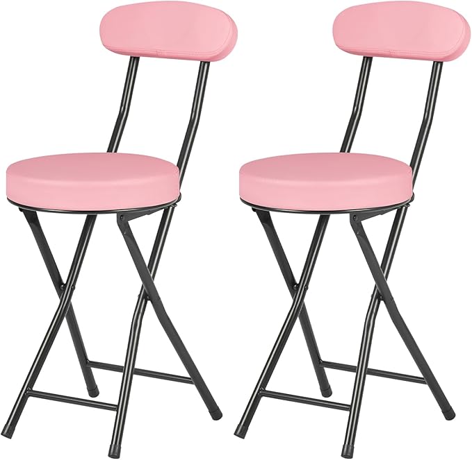 Cushioned Padded Folding Stools, Folding Bar Stool with Backrest, 220lb Capacity, 19 Inch Collapsible Round Portable Foldable Chair for Outdoor Indoor Kitchen Camping Fishing(Pink, 2 Pack)