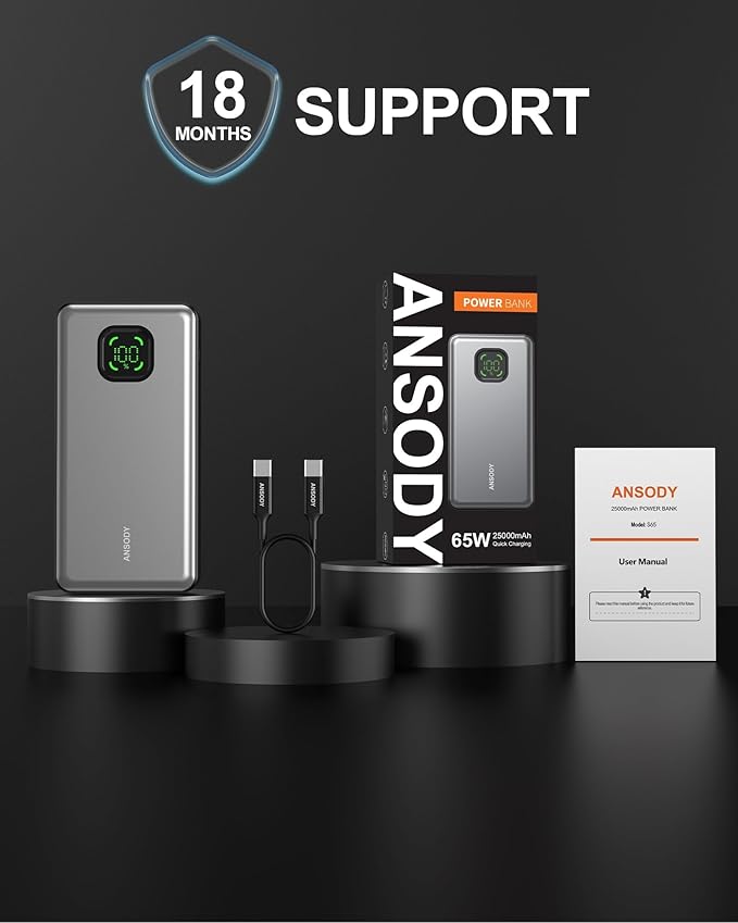 65W Power Bank, 25000mAh Laptop Portable Charger, 100W Total Fast Charging Battery Pack for MacBook Dell XPS iPad Tablet Steam Deck iPhone 17-12 Series Samsung Switch and More Silver