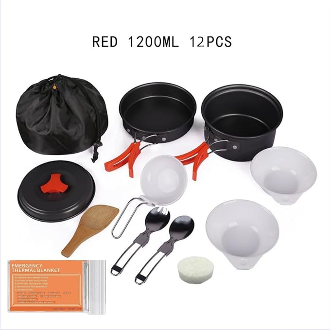Camping Cookware Mess Kit – 12 PCS Lightweight Camping Cooking Set with Pots, Pans & Utensils – Compact Backpacking Cookware Gear – Portable Camp Kitchen Equipment for Hiking & Outdoor Stove Use
