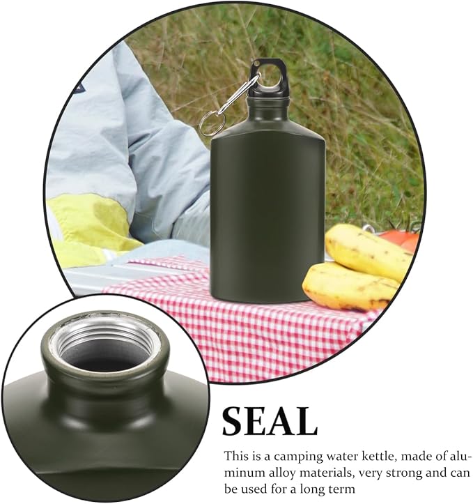 Portable Aluminum Water Canteen with Hook Aluminum Flat Military Canteen Water Bottle for Outdoor Travel Hiking Sport Recreation Supply