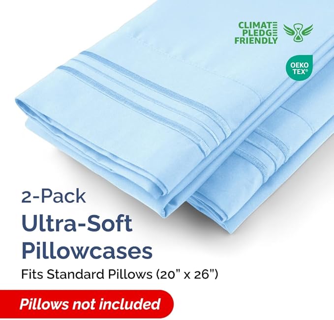 Standard Pillow Cases Set of 2 - Ultra Soft Hotel Quality Pillowcase Covers - Comfy Bedding for Women, Men, Kids & Teens - Machine Washable Pillow Protectors - 2 Piece Set - Standard Size Light Blue
