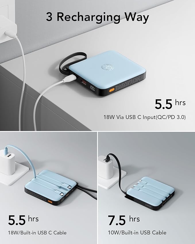 VRURC Portable Charger with Built-in 4 Cables, 20000mAh Battery Pack Charger Portable PD 20W Fast Charging, Power Bank for iPhone 16 15 14 13 12 11 X Samsung Galaxy Series Android Phone,Blue(1Pack)